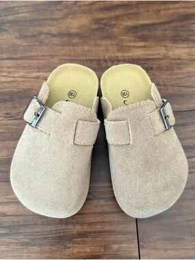 Kids Beige Suede Slip-On Slippers with Buckle